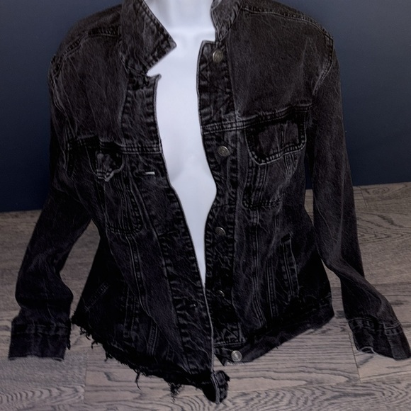 Blue notes black distressed oversized jean jacket Sz Small - Picture 1 of 12